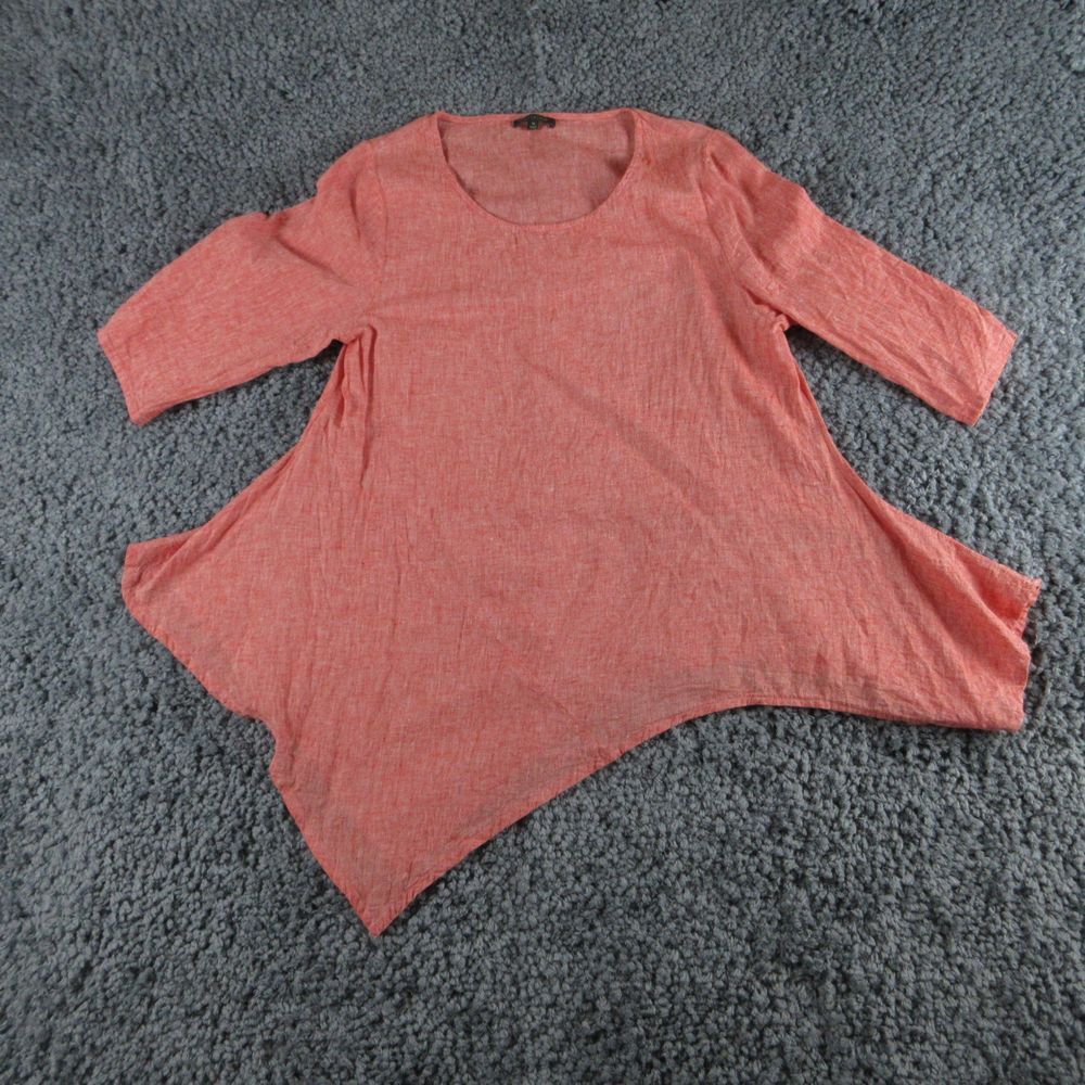 For Cynthia Shirt Women Medium Red Linen 3/4 Sleeve Asymetrical Pullover